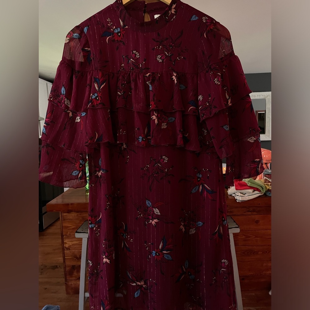 Shimmer Country Burgundy Style ruffled above knee length dress. WILL DRY CLEAN!